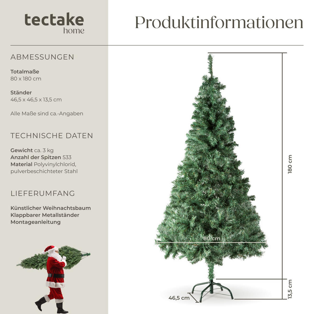 WEIHNACHTSBAUM , inklusive Metallständer mit Kunststoffkappen, grün - Grün, Kunststoff (180cm) - tectake