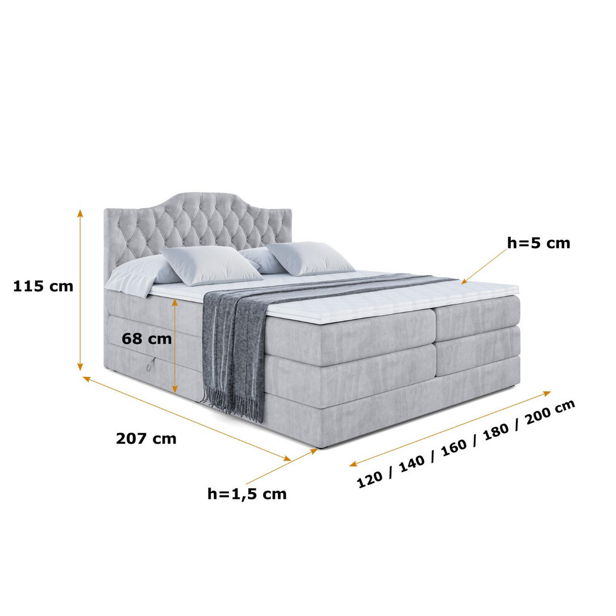 BOXSPRINGBETT VILA-1 KING - 120x200 - H3/H4 - Hellgrau - Hellgrau, Holzwerkstoff (120/200cm) - ALTDECOR