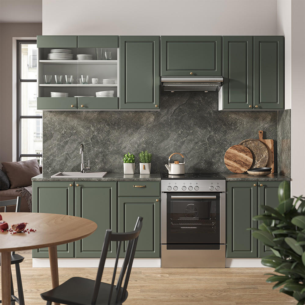 KÜCHENZEILE Fame-Line Grün-Gold Landhaus/Weiß 240 cm, AP Anthrazit - Weiß/Grün, Holzwerkstoff (240/81.6/60cm) - Vicco