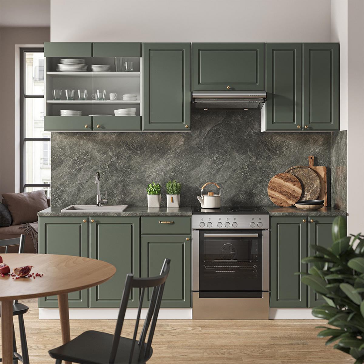 KÜCHENZEILE Fame-Line Grün-Gold Landhaus/Weiß 240 cm, AP Eiche - Weiß/Grün, Holzwerkstoff (240/81.6/60cm) - Vicco