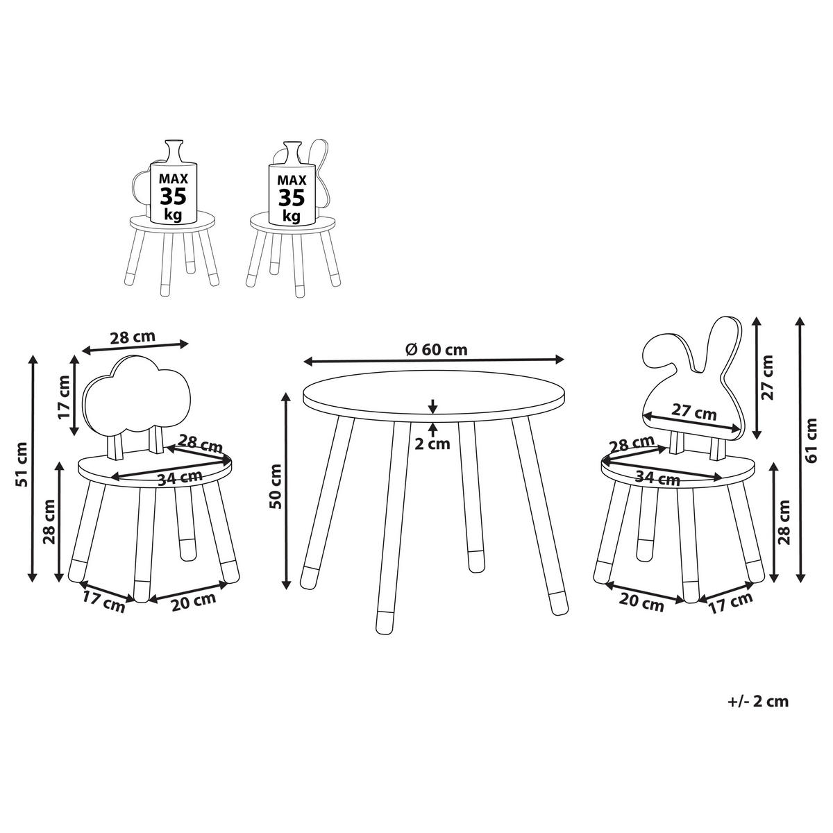 KINDERTISCH mit Stühlen Weiß Robin - Braun, Holzwerkstoff (60/50/60cm) - Beliani