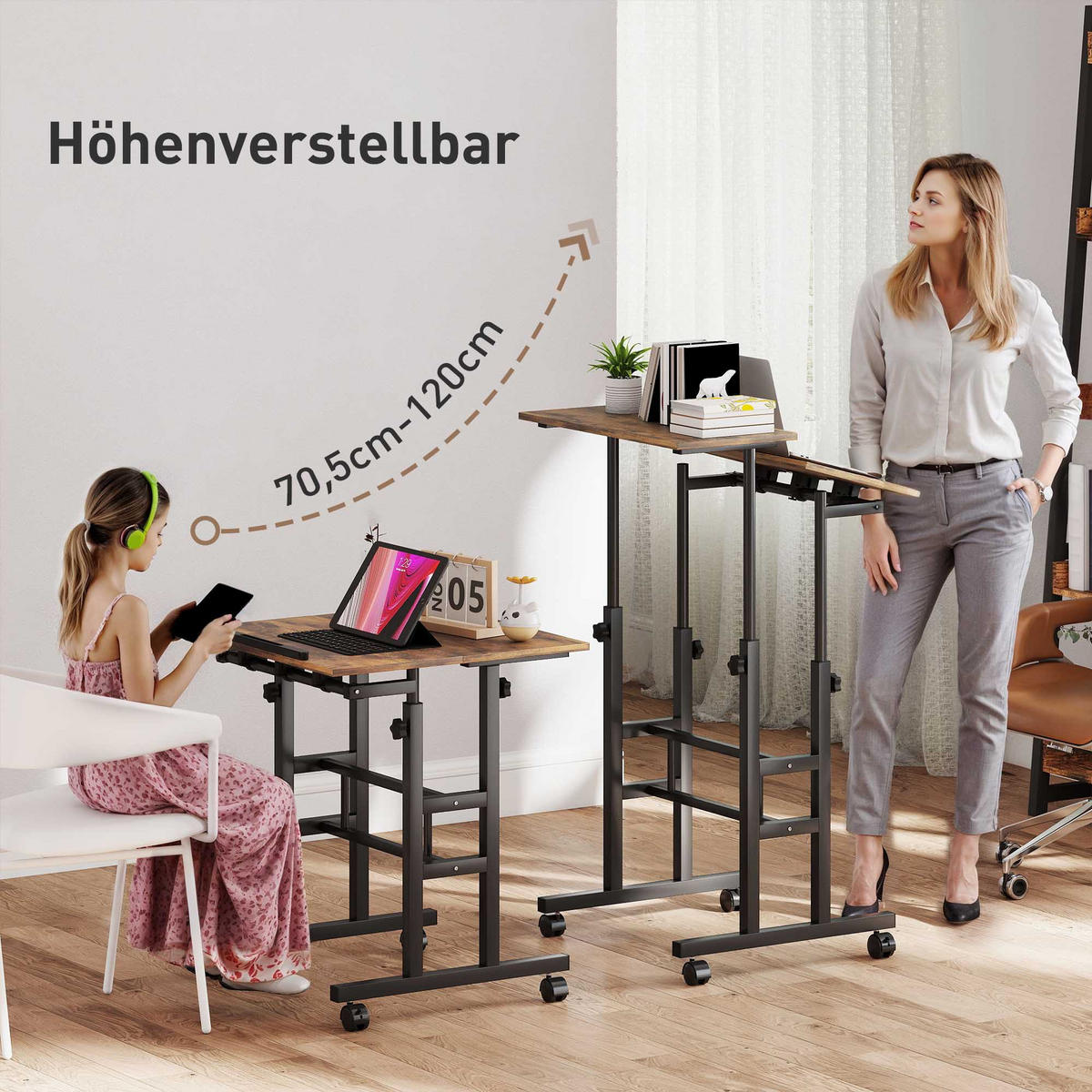 SCHREIBTISCH Höhenverstellbar Küchentisch mit Regal Rollen Rustikal Braun - Schwarz/Braun, Holzwerkstoff/Metall (60/60/120cm) - HOMCOM