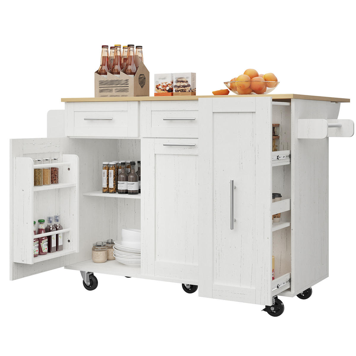 KÜCHENWAGEN als Kücheninsel mit multifunktionalem Stauraum, Holzmaserung, weiß - Weiß, Holzwerkstoff (110/90.5/74cm) - Luhomfu