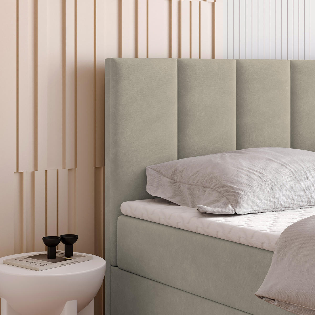 BOXBETT MERIL 180x200 cm mit Matratze und Topper - Beige - Beige, Holz (180/200cm) - MASSENO