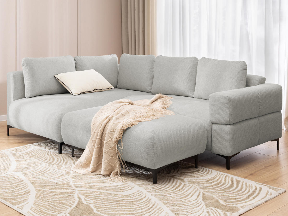 ECKSOFA inkl. Hocker Cardea mit Schlaffunktion in Bubble-Optik aus weichem Hellgrau Strukturstoff und hohem Sitzkomfort - Ottomane links - Hellgrau/Schwarz, Holz/Textil (170/230cm) - S-Style Möbel