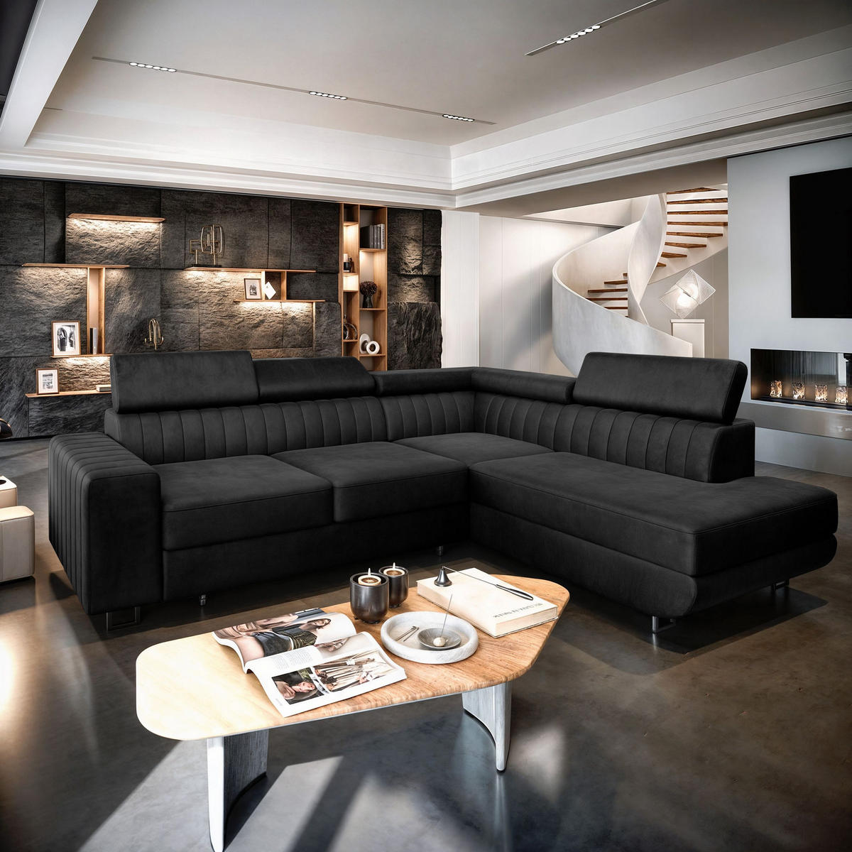 ECKSOFA NOLA R-S Schwarz Velours-Stoff mit Schlaffunktion - Schwarz, Holz (253/190cm) - MASSENO