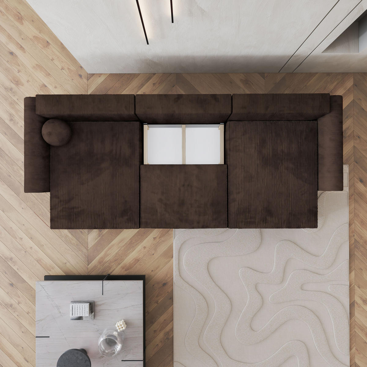 WOHNLANDSCHAFT FENTO P Braun Kordstoff mit Schlaffunktion - Braun, Holz (347/90/148cm) - MASSENO