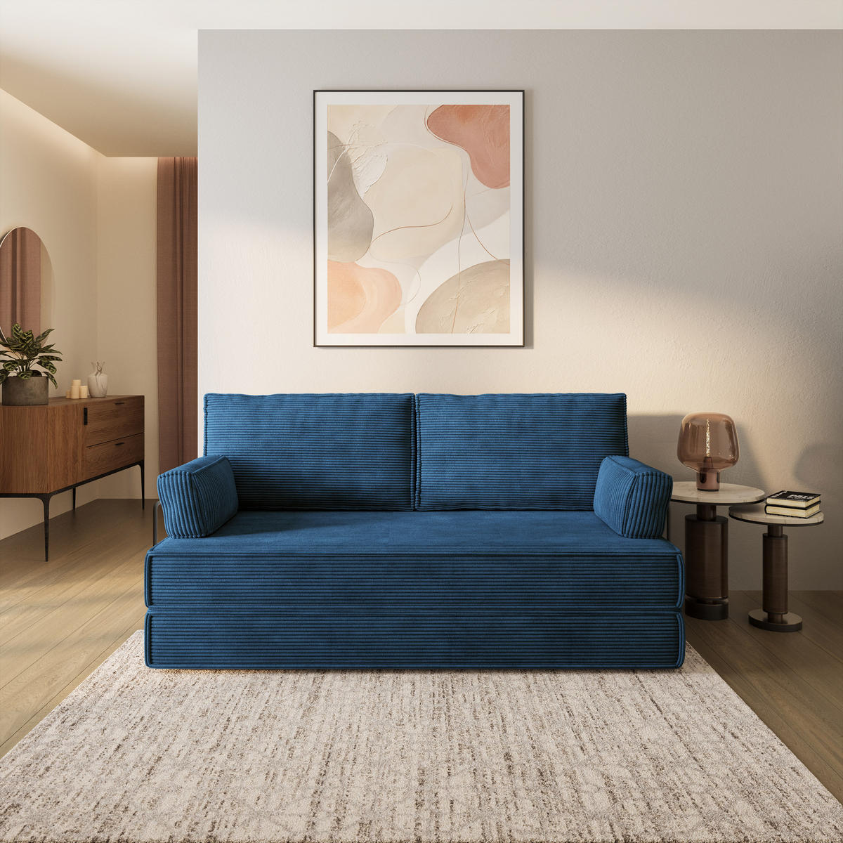 BETTSOFA SILAR aus Schaumstoff Cordstoff Blau Schlaffunktion - Blau, Textil (170/86/80cm) - MASSENO