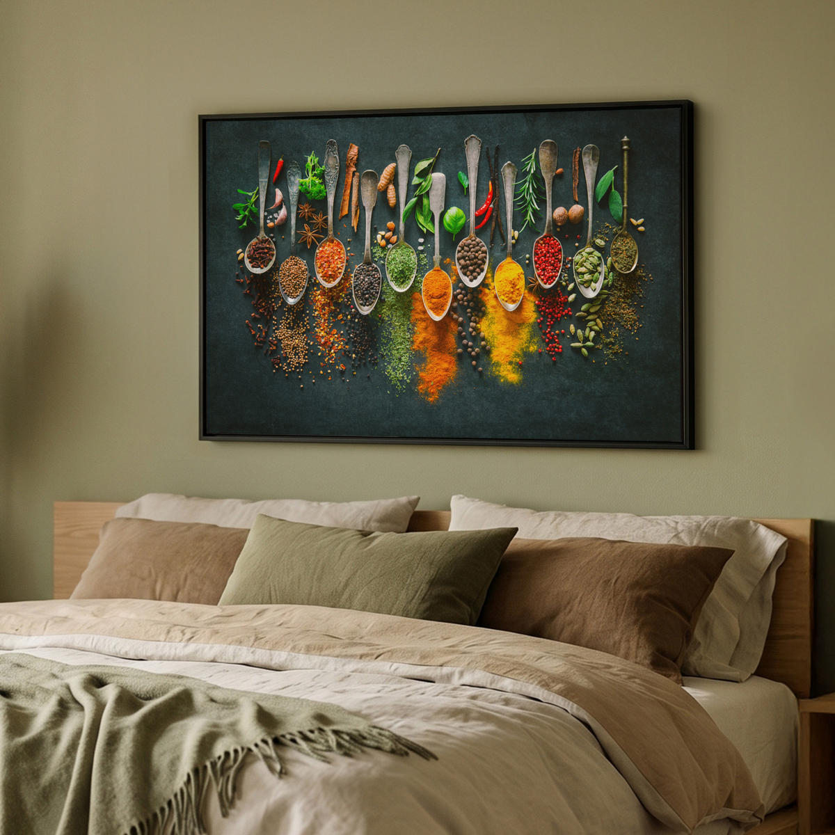 LEINWAND Bilder mit Rahmen - Kräuter - Gewürze - Löffel - 90x60 - Currygelb, Textil (90/60cm) - MuchoWow
