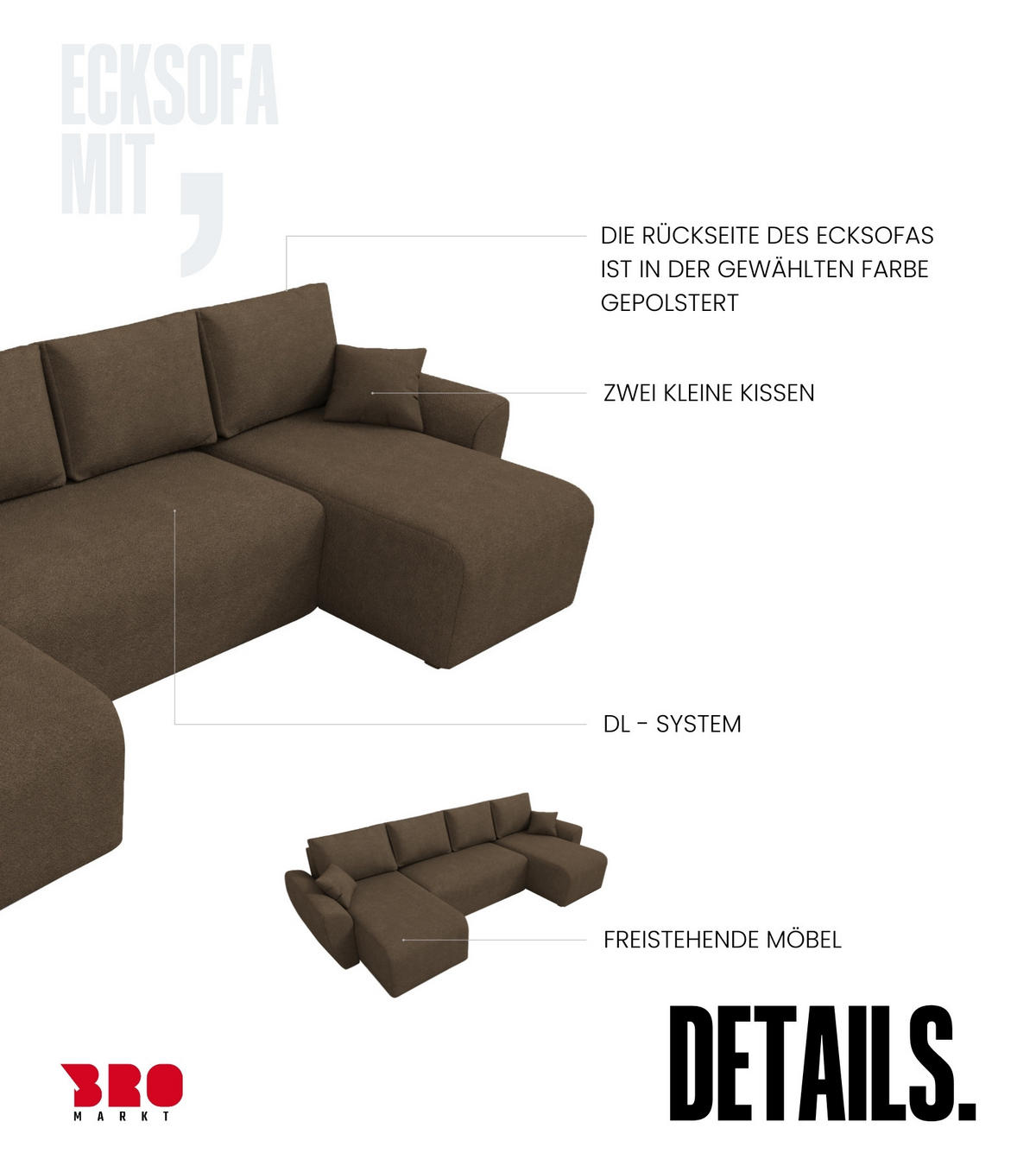 WOHLANDSCHAFT Rotterdam U mit Schlaffunktion Braun Bouclé - Braun, Textil (310/80/141cm) - Bromarkt