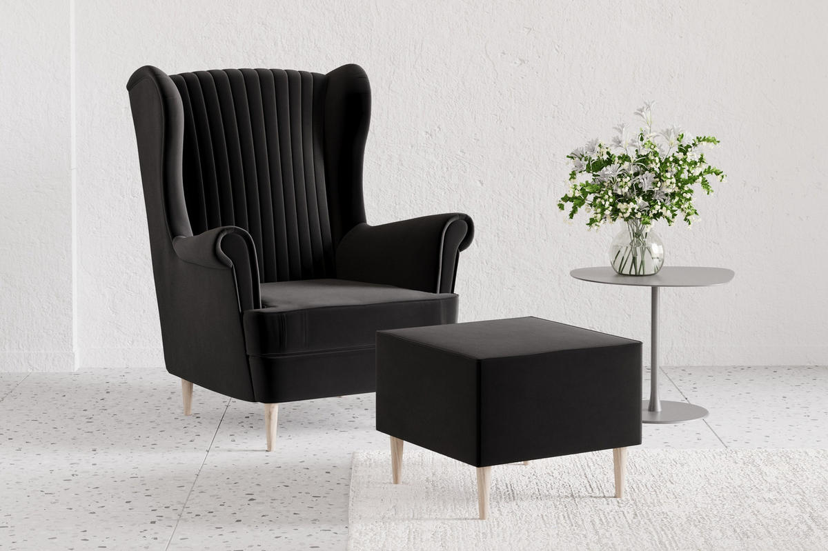 OHRENSESSEL - Sessel Comfy mit Hocker - Schwarz - Schwarz, Holzwerkstoff (83/103/95cm) - Möblo