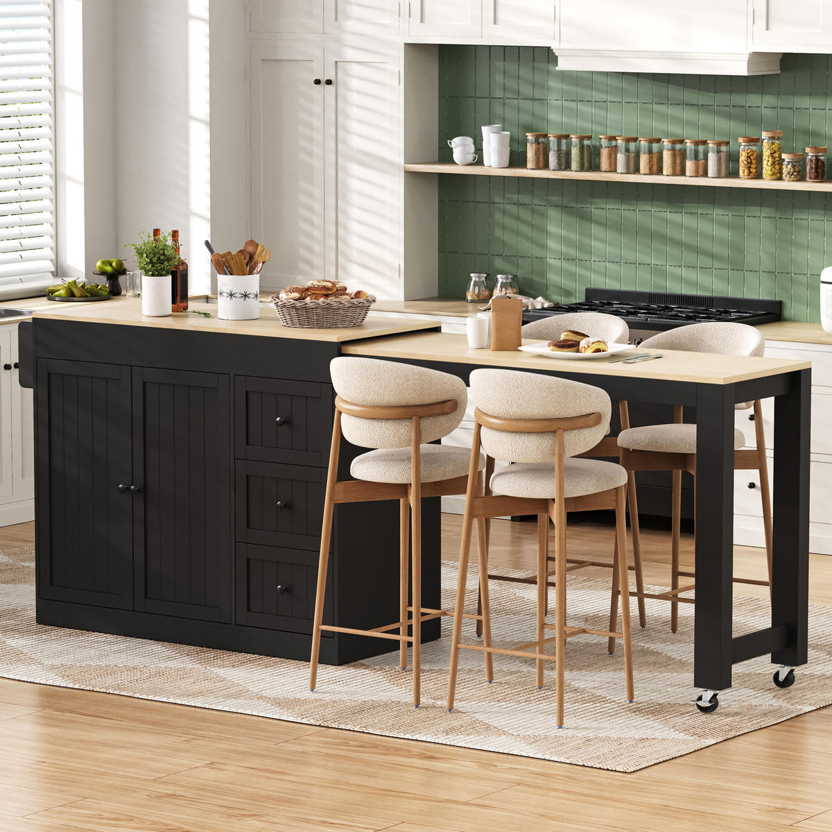 KÜCHENINSEL 112-186,8/45/93 cm aus MDF mit ausziehbarer Arbeitsplatte Schwarz - Schwarz, Holzwerkstoff (130/93/45cm) - Modenvie