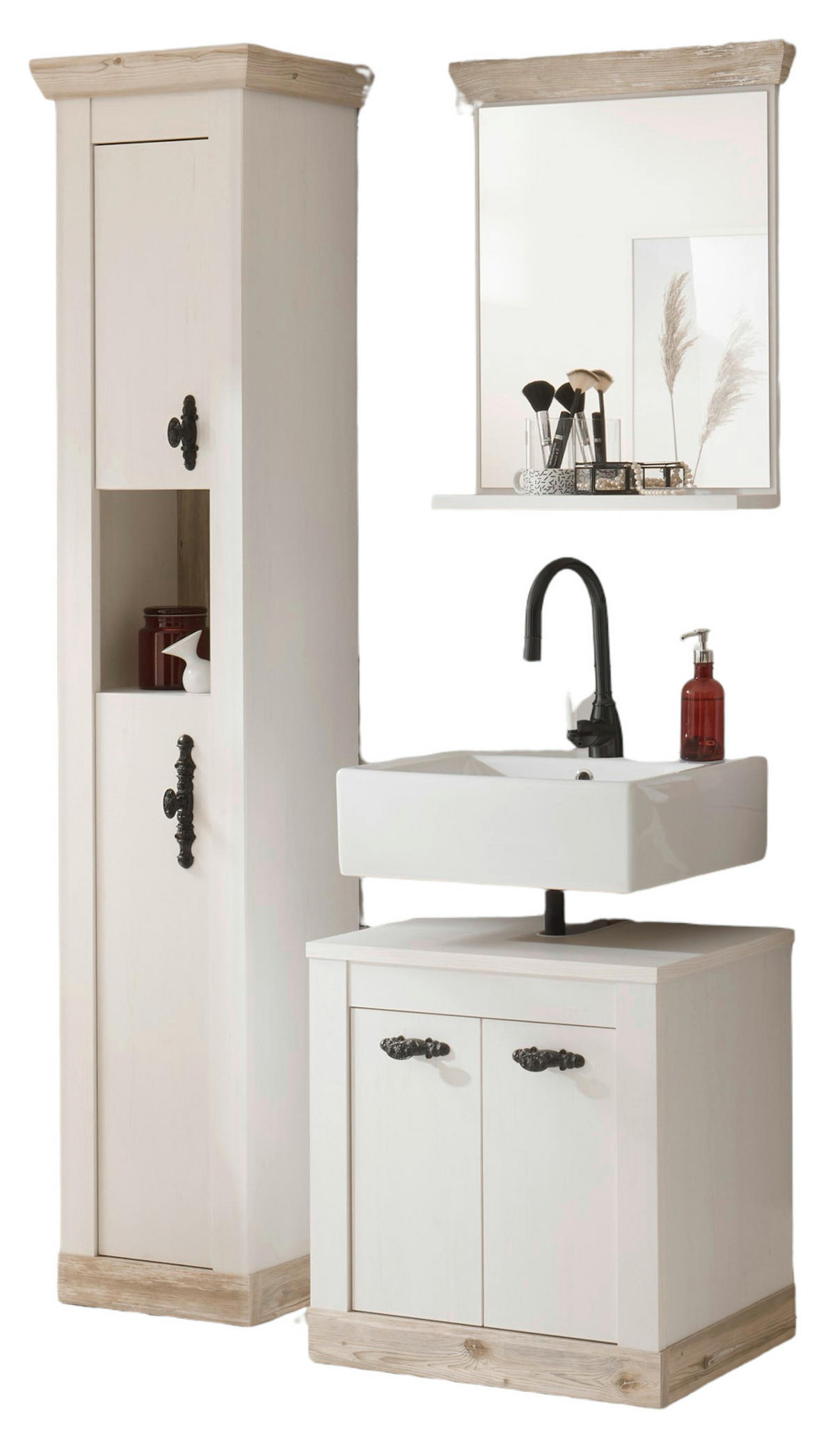 BADKOMBINATION Pinie weiß, Oslo Pinie Landhaus, Badmöbel Set 3-tlg., 122 x 200 cm - Dunkelgrau/Weiß, Holzwerkstoff/Metall (122/200/46cm) - Furn.Design