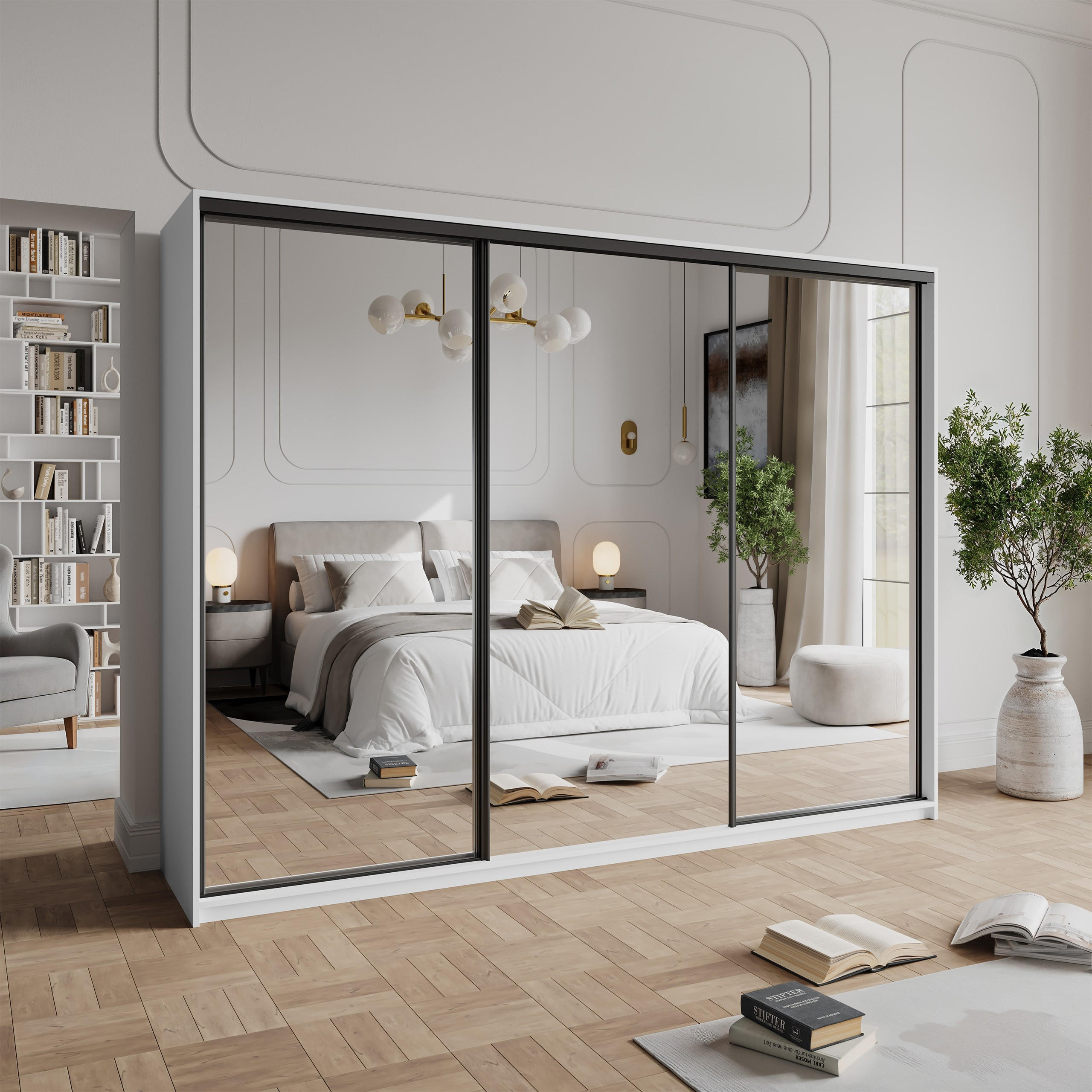 SCHWEBETÜRENSCHRANK RIEN 250/205/60 cm 3-türig mit Spiegel und Schubladen Weiß - Schwarz/Weiß, Holzwerkstoff (250/205/60cm) - MASSENO