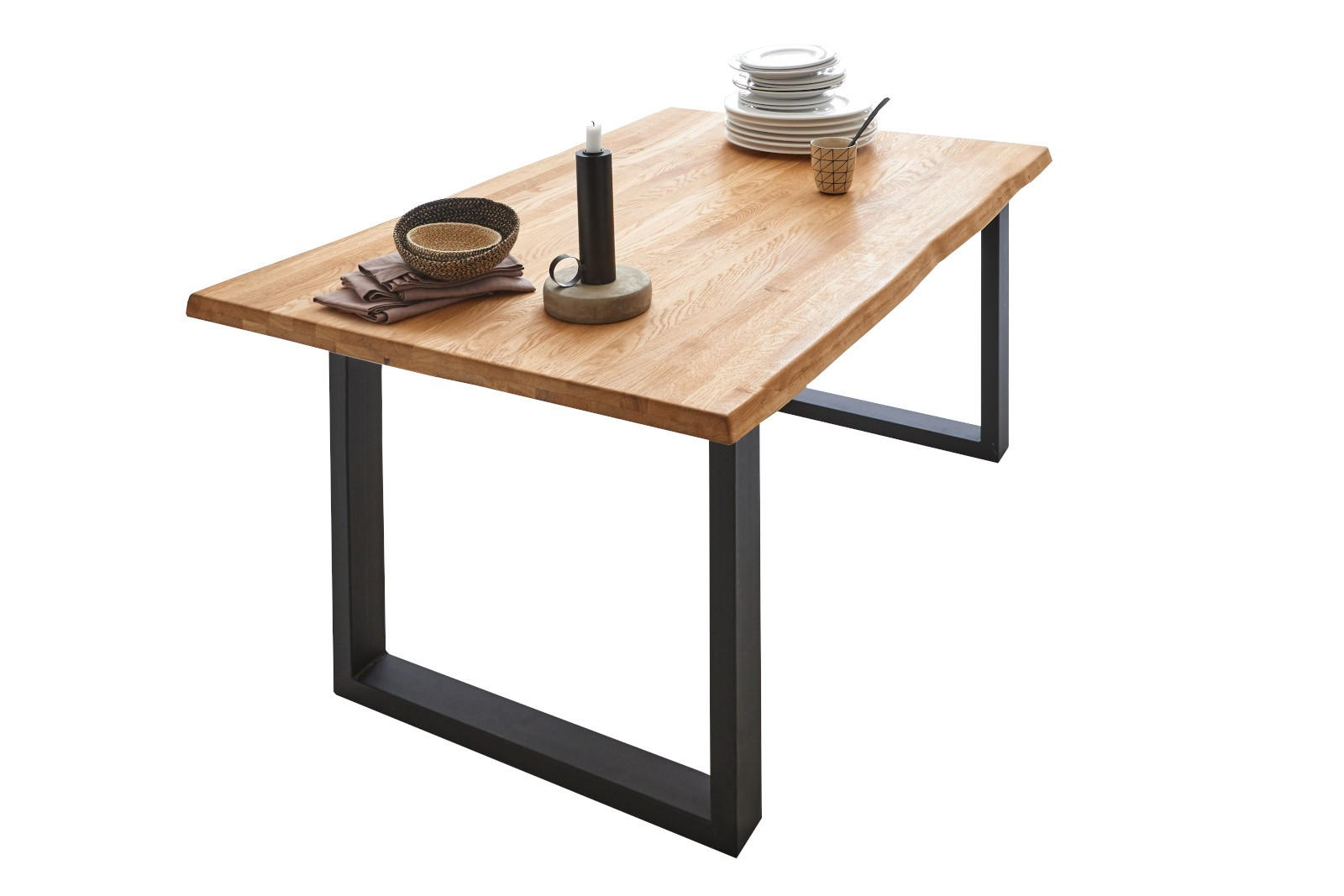 ESSTISCH Baumkante massiv Wildeiche schwarz SESSA 80 cm - Beige/Schwarz, Holz/Metall (80/80/77cm) - SAM