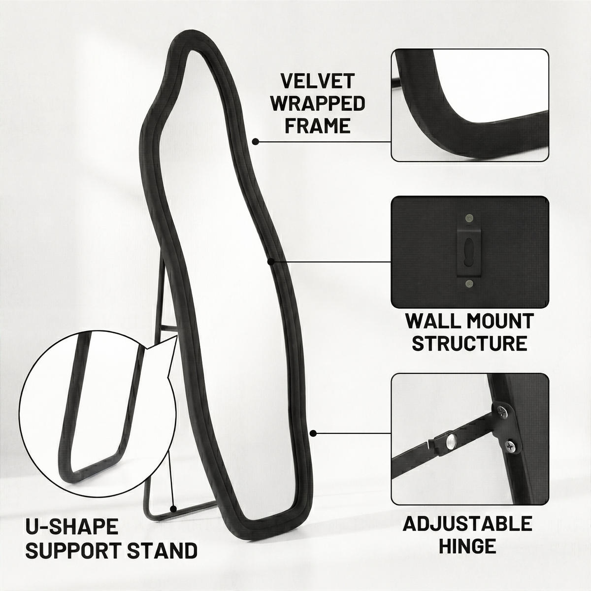 GANZKÖRPERSPIEGEL Wellen-Design mit U-Standfuß & Scharnier 160/50 cm Schwarz - Schwarz, Glas/Holzwerkstoff (50/160/3cm) - Creahappy