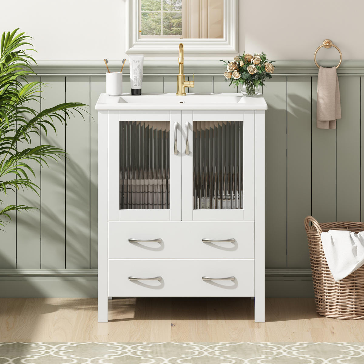 BADEZIMMERSCHRANK Hochglanz Weiß Keramik Waschbecken Glas Türen 61cm - Weiß, Keramik (61/86/47cm) - FLIEKS