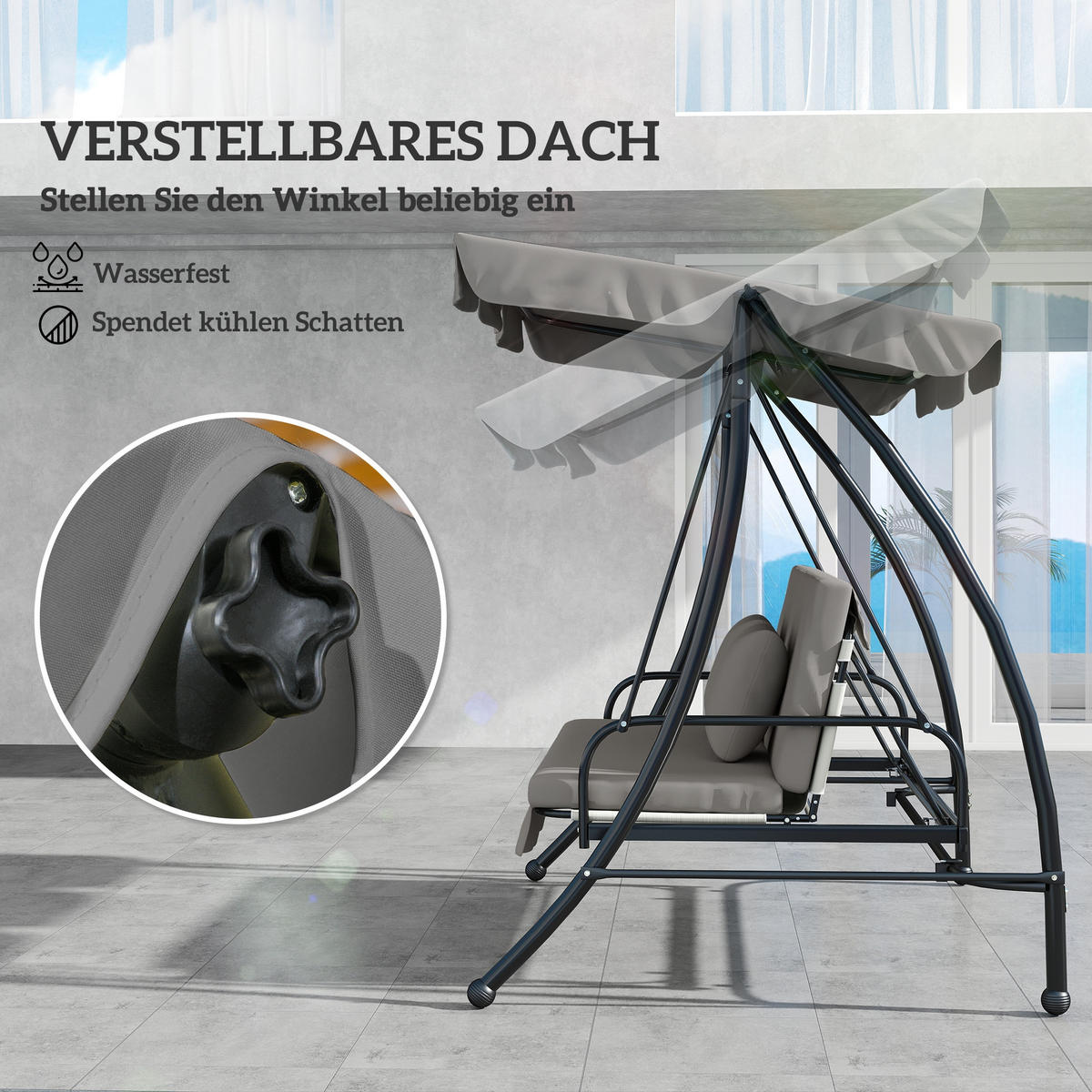 HOLLYWOODSCHAUKEL DE-07018 3-Sitzer, Mit Liegefunktion, neigbares Dach Grau - Grau, Metall (210/170/125cm) - ComfortXL