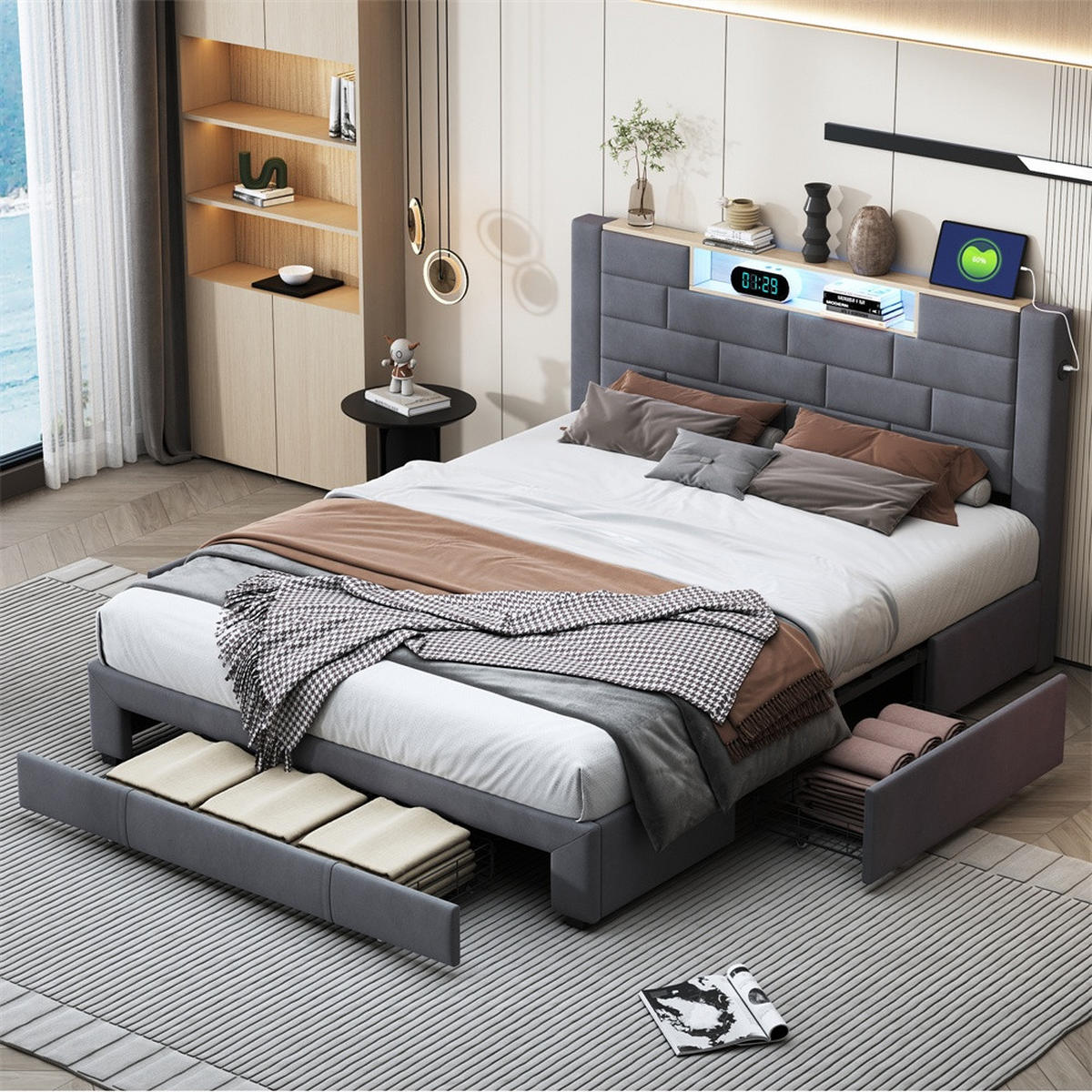 POLSTERBETT 140x200 cm - mit LED-Beleuchtung, USB/Type-C-Ladefunktion, Ablagekopfteil, Schubladen - Grau - Grau, Textil (140/200cm) - DELFA