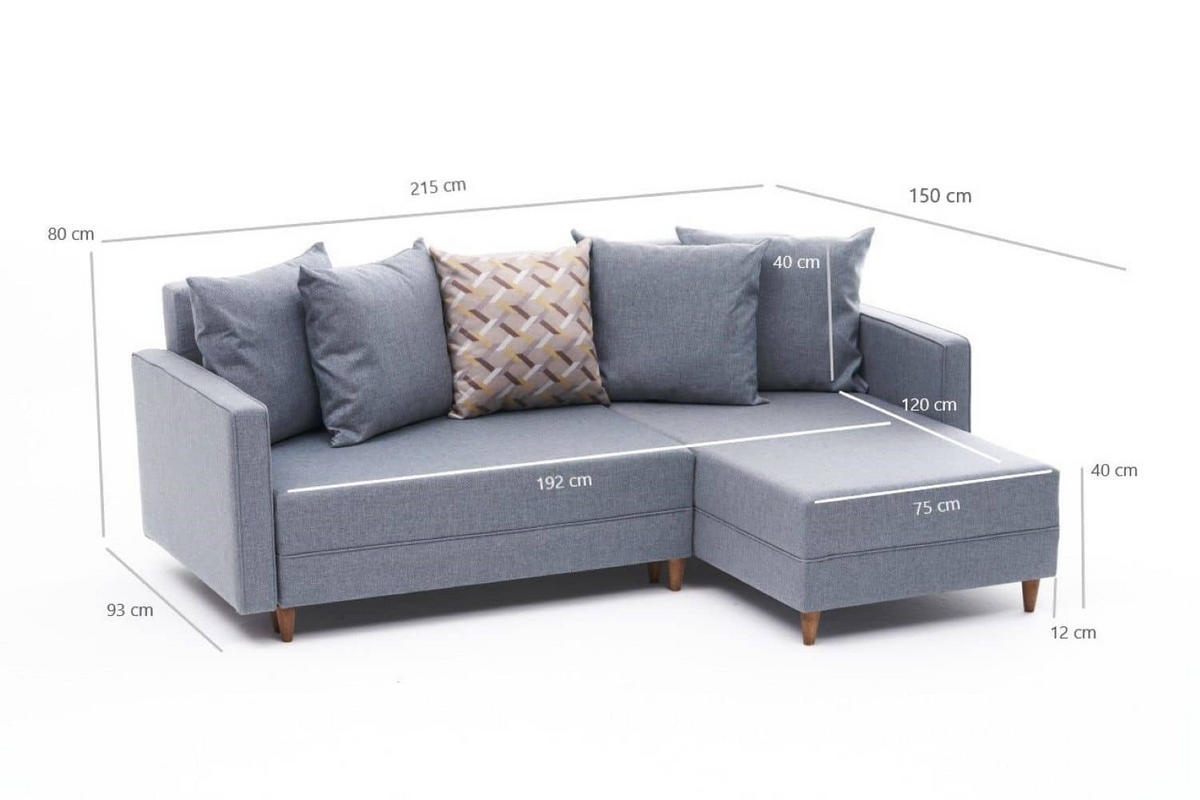 ECKSOFA mit Schlaffunktion, 215 cm Gesamtbreite - Blau/Braun, Holz/Buchenholz (150/215cm) - myHomelando