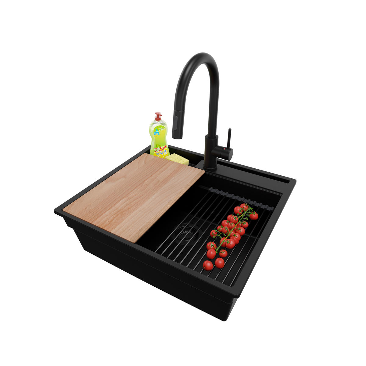 GRANITSPÜLE Oslo Pocket, 2-er set Alles Schwarz 58/53 cm 1 Becken + Küchenarmatur 40/20 cm + Ablauf-Set + Küchenzubehörset ab 60er Unterschrank - Beige/Schwarz, Kunststoff (58/20/53cm) - Primagran