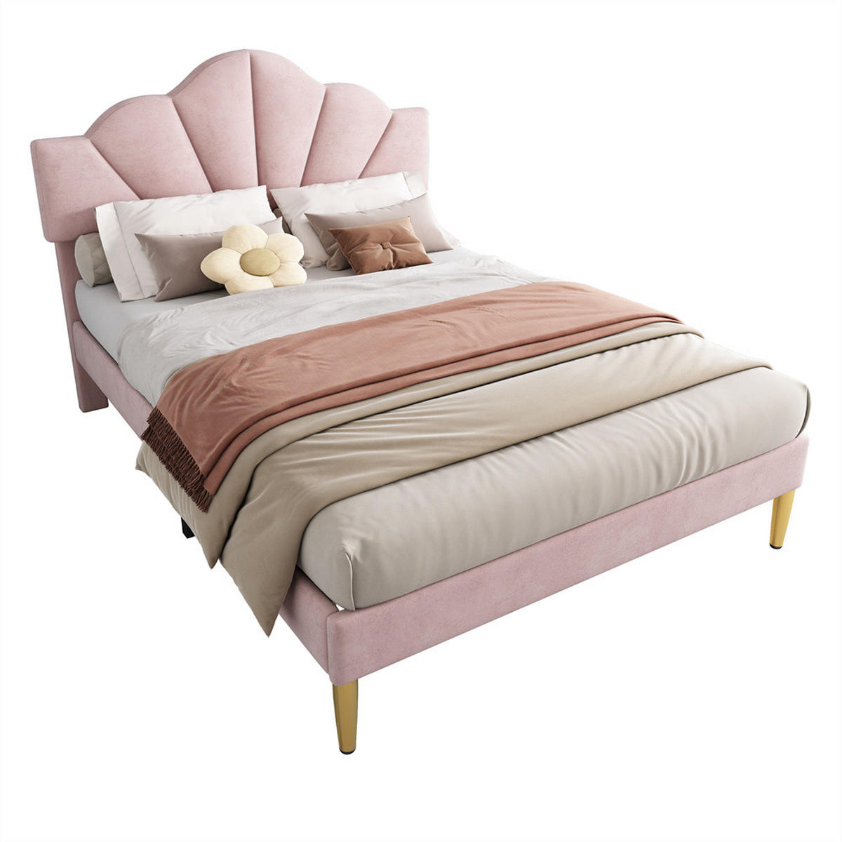 POLSTERBETT 140/190 cm in Rosa Samt mit Goldenen Eisenbeinen - Pink, Holz/Textil (140/200cm) - KOMHTOM
