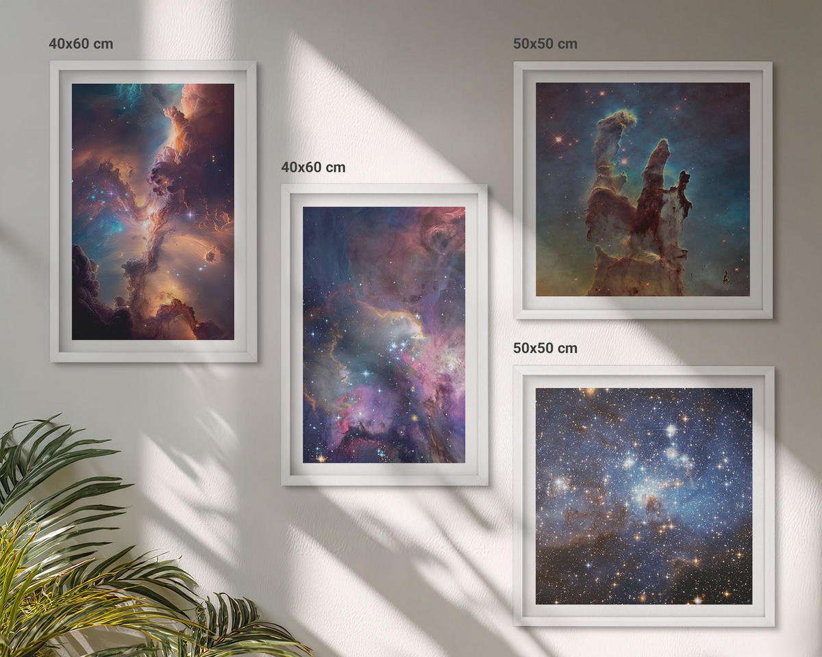 WANDBILDER 4er-Set - 50x50 cm & 40x60 cm Weißer Rahmen - Kosmische Sternenlandschaften - Weiß, Kunststoff (50/50cm) - ArtPrintCave
