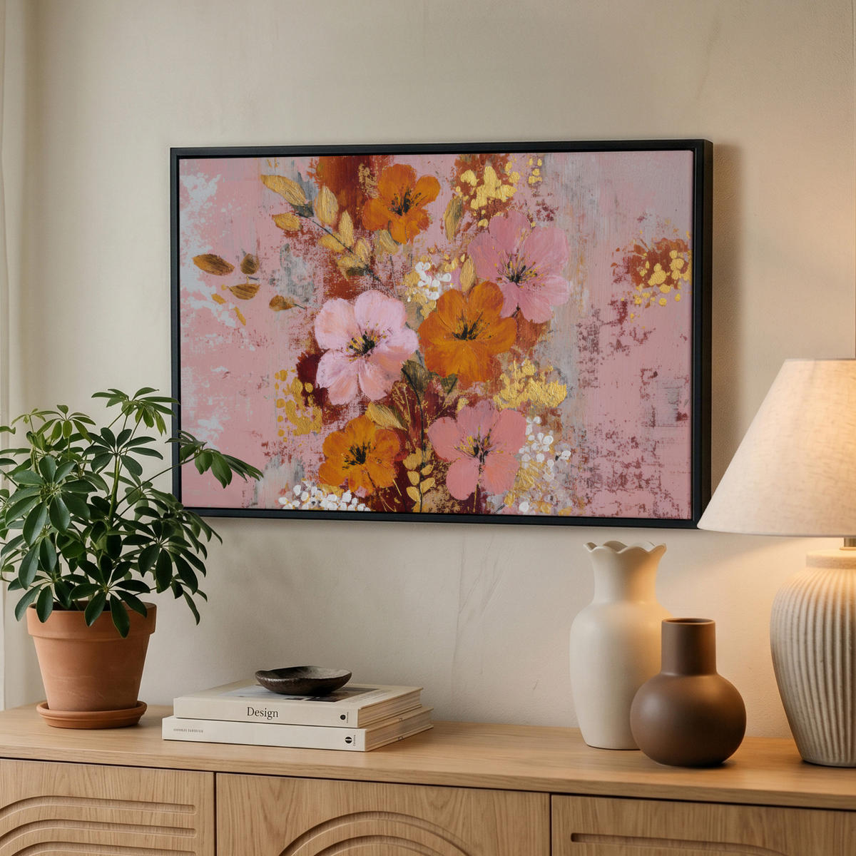 LEINWAND Bilder mit Rahmen - Malerei - Blumen - Rustikal - Rosa - 60x40 - Altrosa, Textil (60/40cm) - MuchoWow