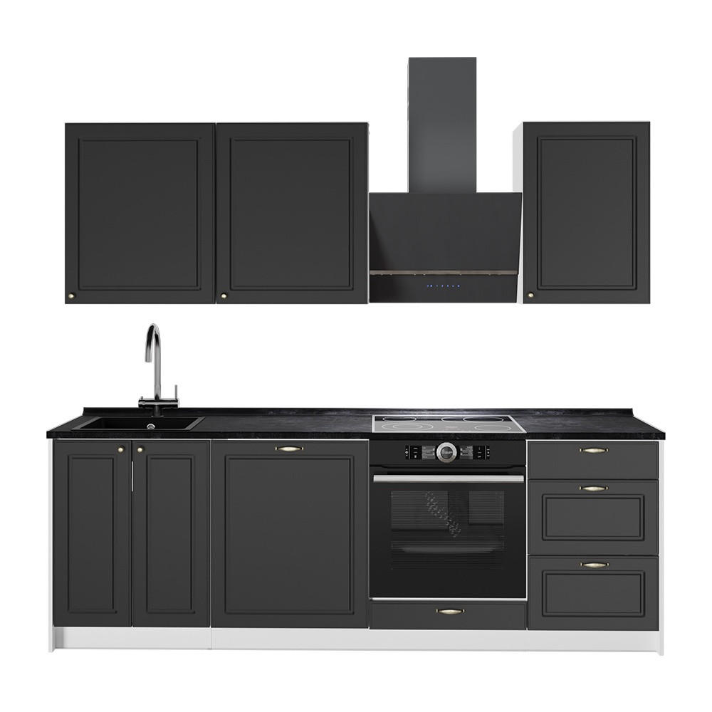 KÜCHENZEILE Fame-Line, Anthrazit-Gold Landhaus/Weiß, 230 cm ohne Arbeitsplatte - Anthrazit/Weiß, Holzwerkstoff (230/206.8/51.6cm) - Vicco