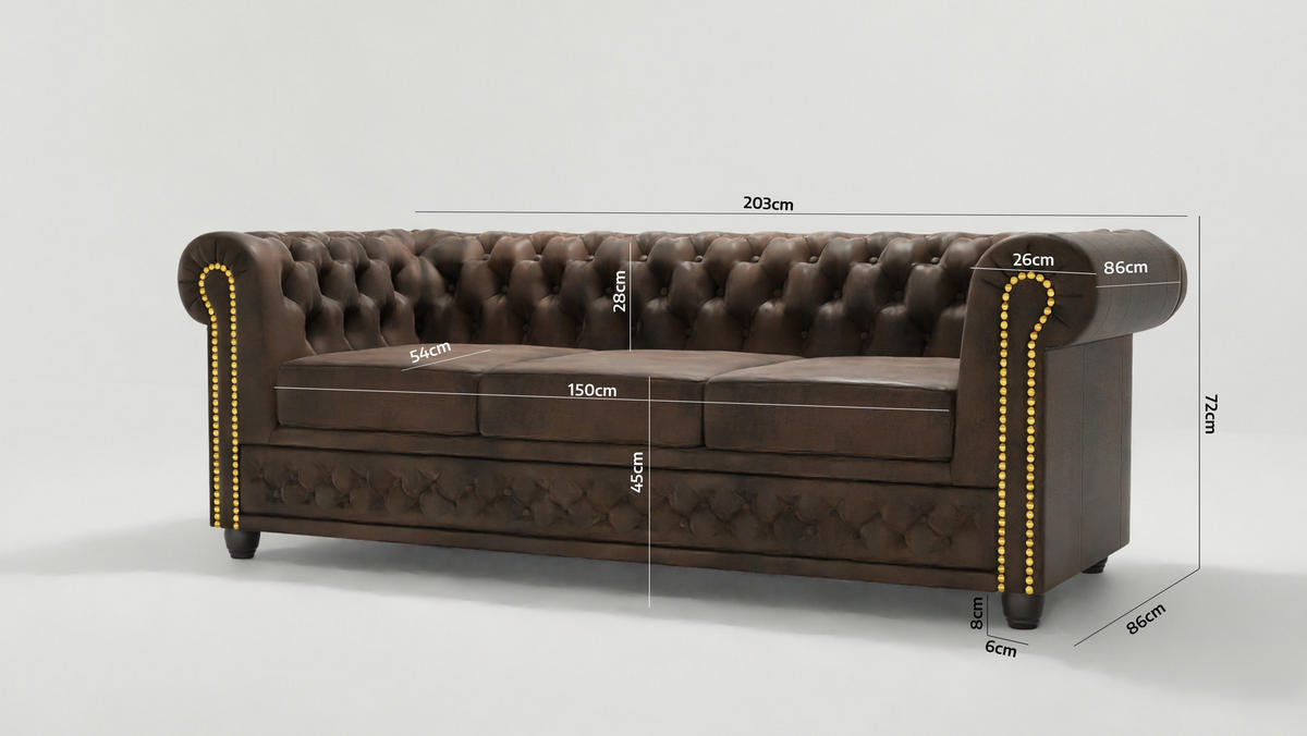 CHESTERFIELD-SOFA 3-sitzer mit Schlaffunktion Flux Dunkelbraun Microfaser Vintageoptik - Dunkelbraun/Braun, Holz/Textil (203/72/86cm) - S-Style Möbel