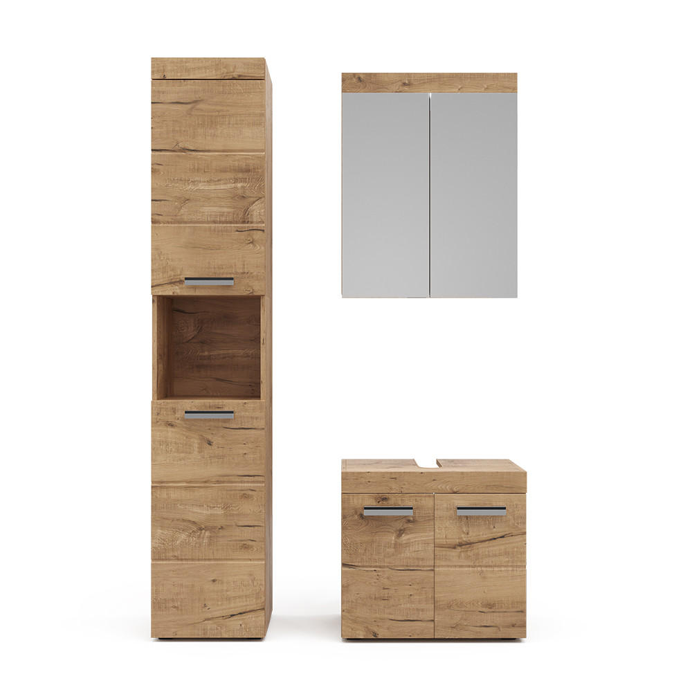 BADMÖBEL-SET Luna Eiche Wotan 3 Teile, mit Hochschrank - Eiche Wotan, Holzwerkstoff (60/56/34cm) - Vicco