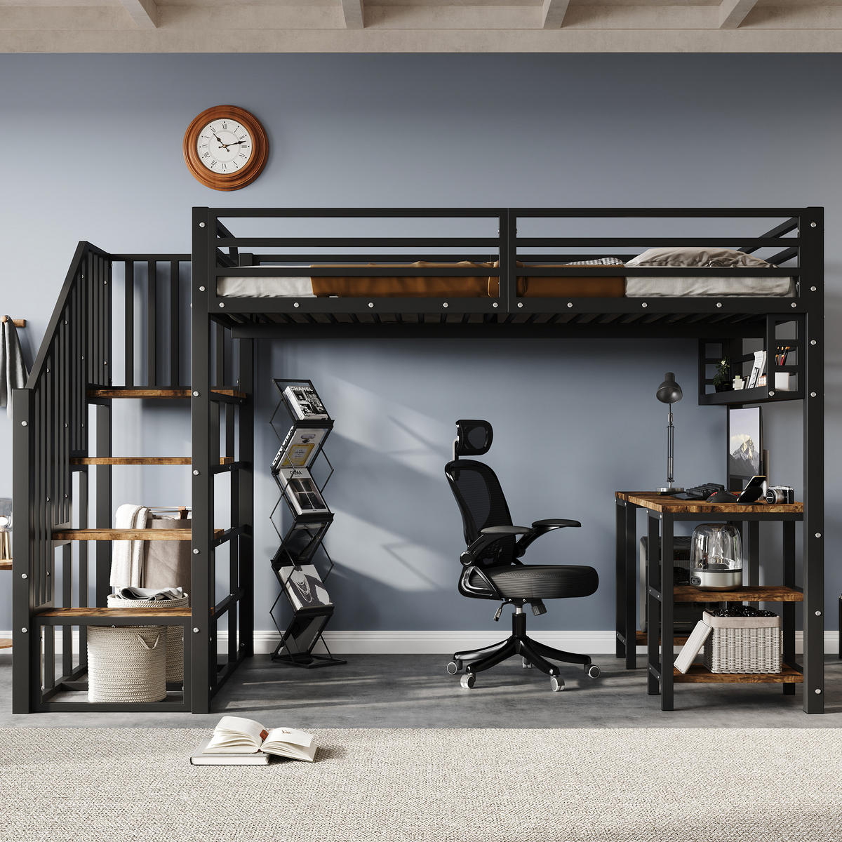 HOCHBETT 120/200 cm in Schwarz & Dunklem Walnuss mit Treppe, Schreibtisch und Regal Metall - Schwarz, Holzwerkstoff/Metall (120/200cm) - CHICFURN