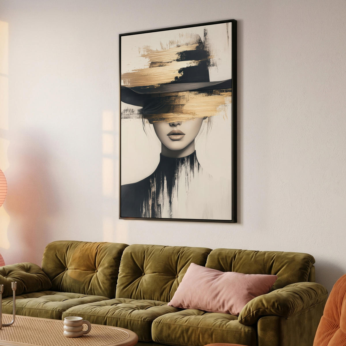 LEINWAND Bilder mit Rahmen - Frau - Hut - Farbe - 80x120 - Goldfarben, Textil (80/120cm) - MuchoWow