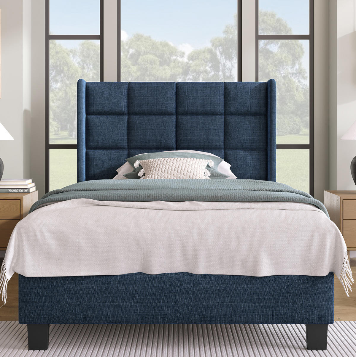 BETT mit Lattenrost 90x200 cm Leinen Blau - Blau, Metall (90/200cm) - Meubliv