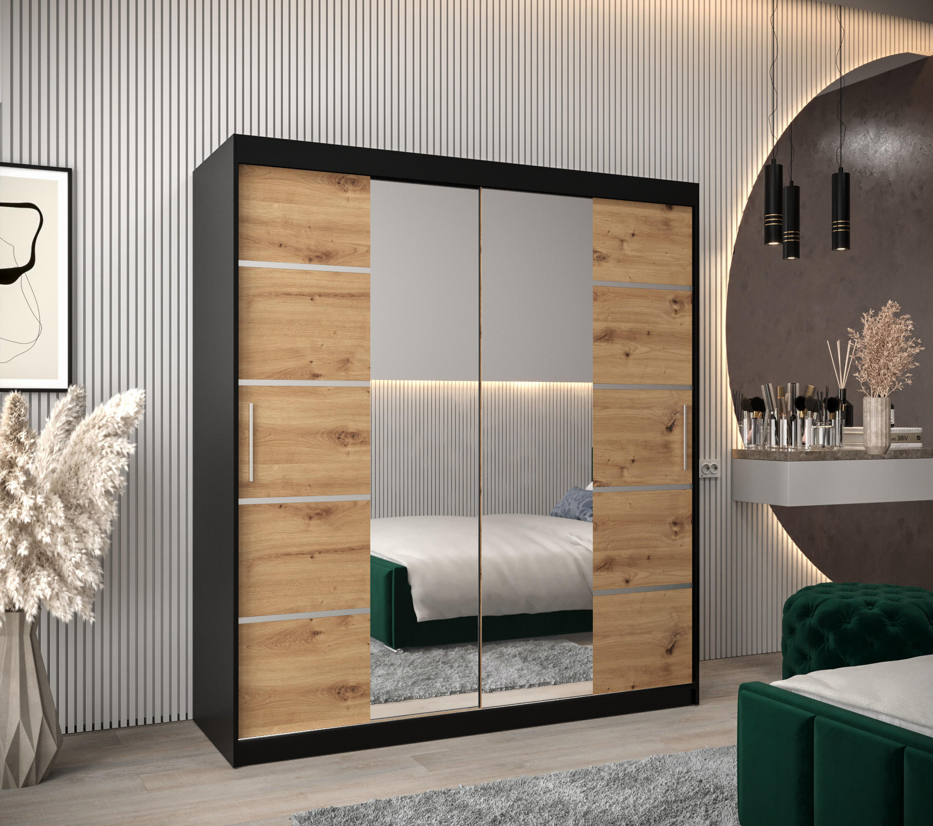 SCHWEBETÜRENSCHRANK 200/180/62 2-türig - Silberfarben/Schwarz, Holz/Kunststoff (180/200/62cm) - Abiks Möbel
