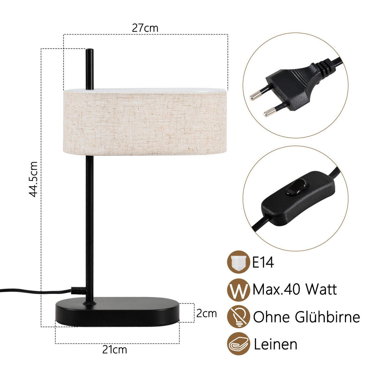 TISCHLEUCHTE Keldark 24.0/12.0/40.0 cm - Schwarz, Metall (40/24/12cm) - ZMH