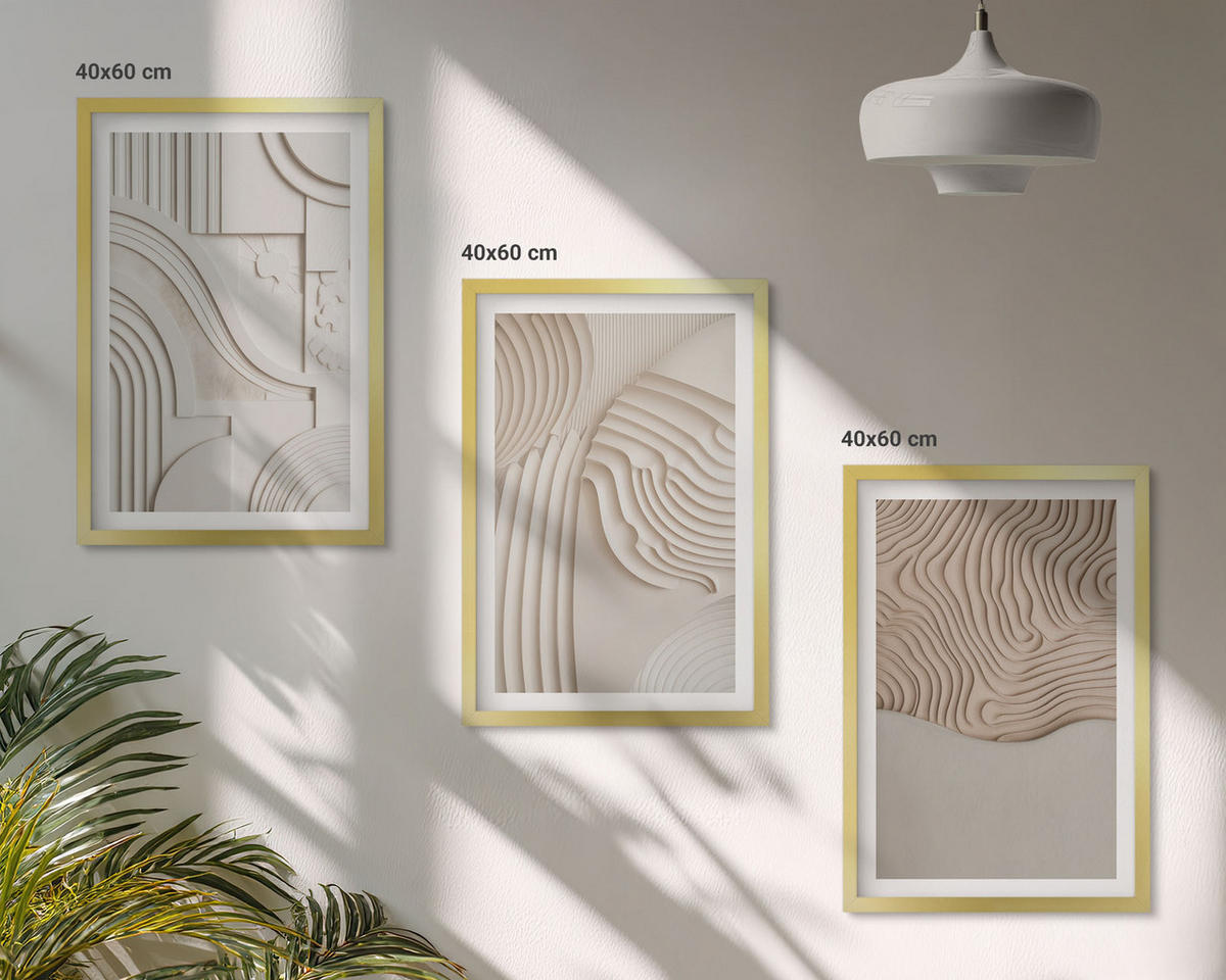 BILDER SET 3er Set - 40x60 cm Goldrahmen - Abstrakte Muster beige weiß - Goldfarben, Kunststoff (40/60cm) - TULUP