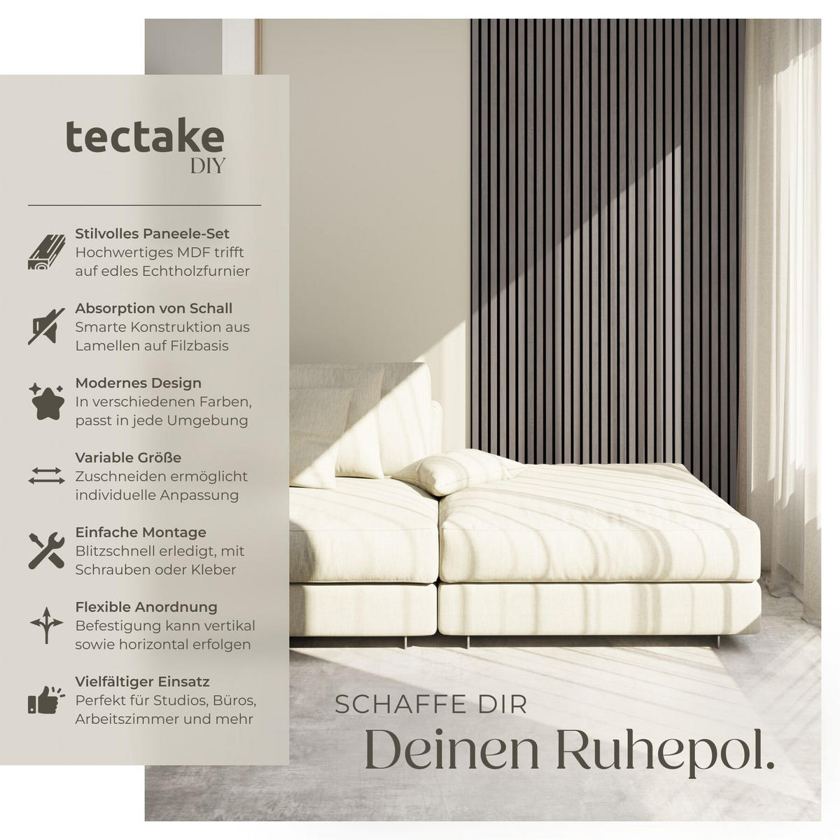 AKUSTIKPANEELE 8er Set Sonic Wall Iv, je 110 x 50 x 1,1 cm, Größe flexibel anpassbar, Eiche hellgrau - Eichefarben/Hellgrau, Holz (50/1.1/110cm) - tectake