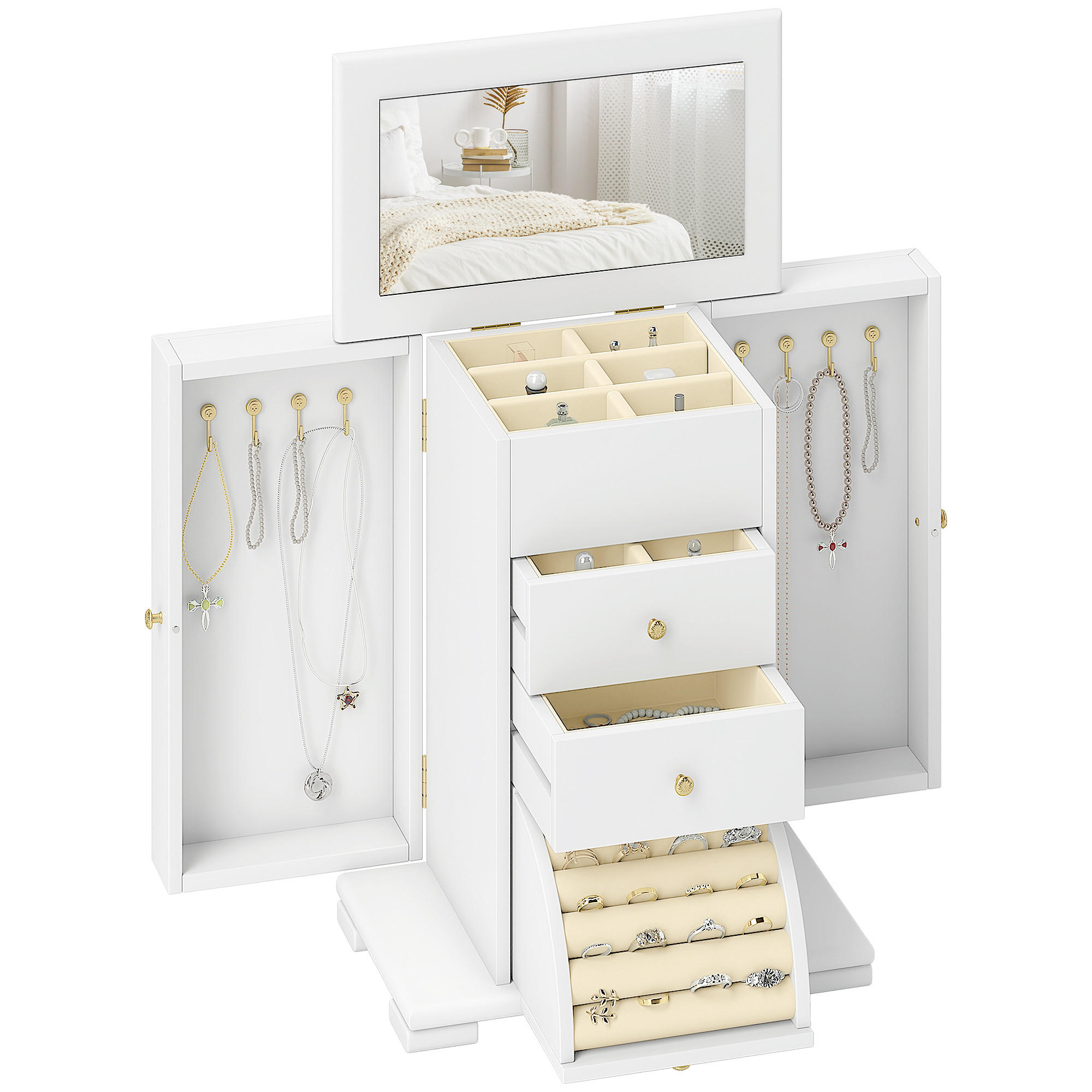 SCHMUCKKASTEN DE-18315 4-stöckig mit Spiegel & 2 Schubladen Weiß - Weiß, Holzwerkstoff (16/33.5/26.5cm) - ComfortXL