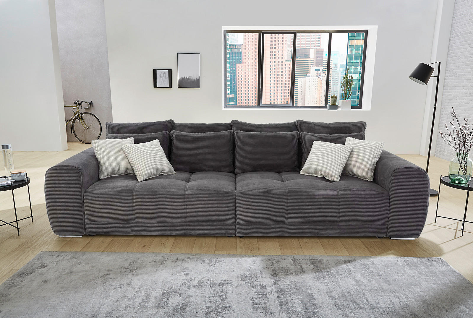 BIG-SOFA Federkern B306/T134/H86 cm, Liegefläche 120x240 cm, Cord Grau Anthrazit / 15171 - Chromfarben/Schieferfarben, Textil/Metall (306/86/134cm) - luma-home