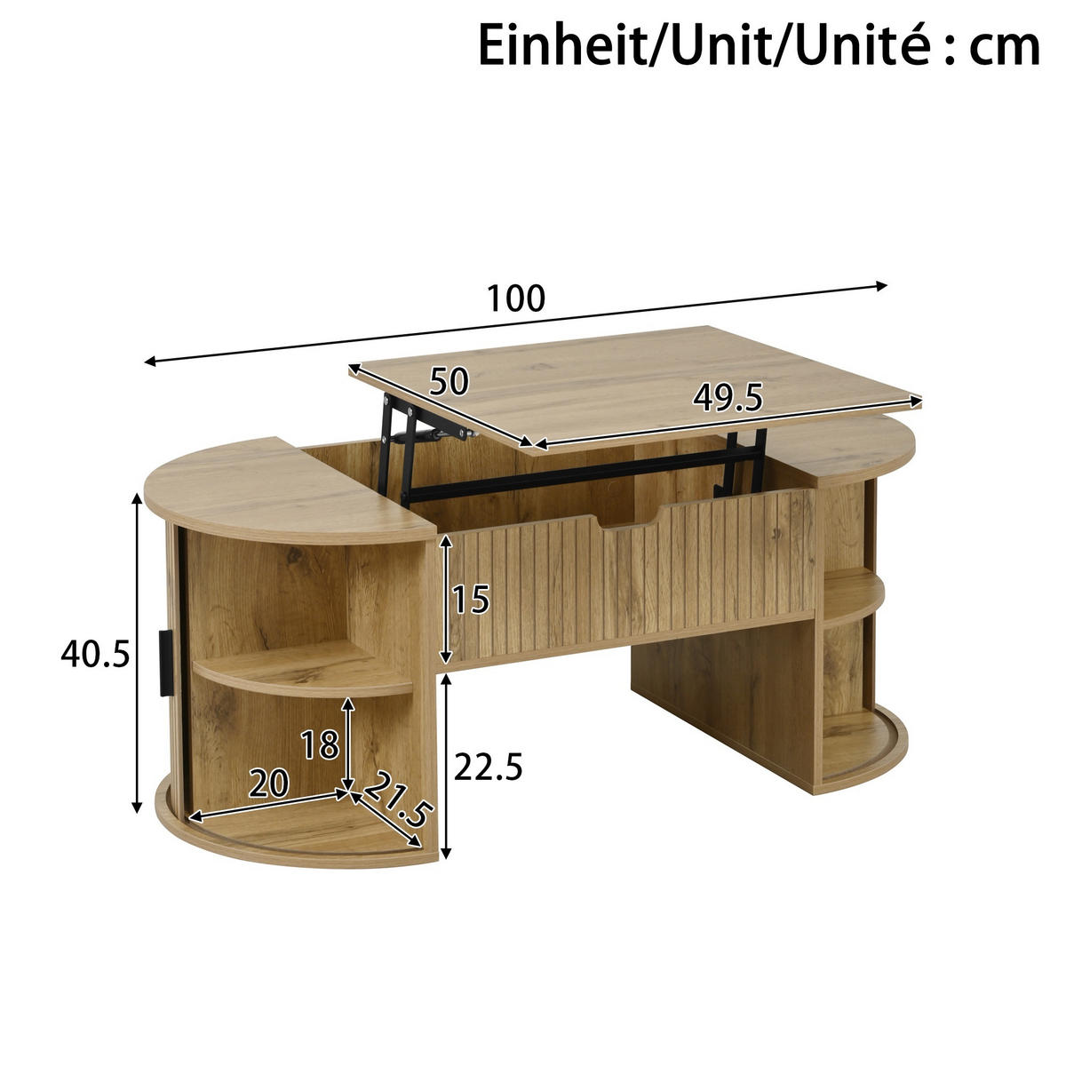 COUCHTISCH 100/50/40,5 cm eichefarben aus Holzwerkstoff mit höhenverstellbarer Tischplatte Schiebetüren und offenen Regalen - Eichefarben, Holzwerkstoff (100/50/40.5cm) - OKWISH