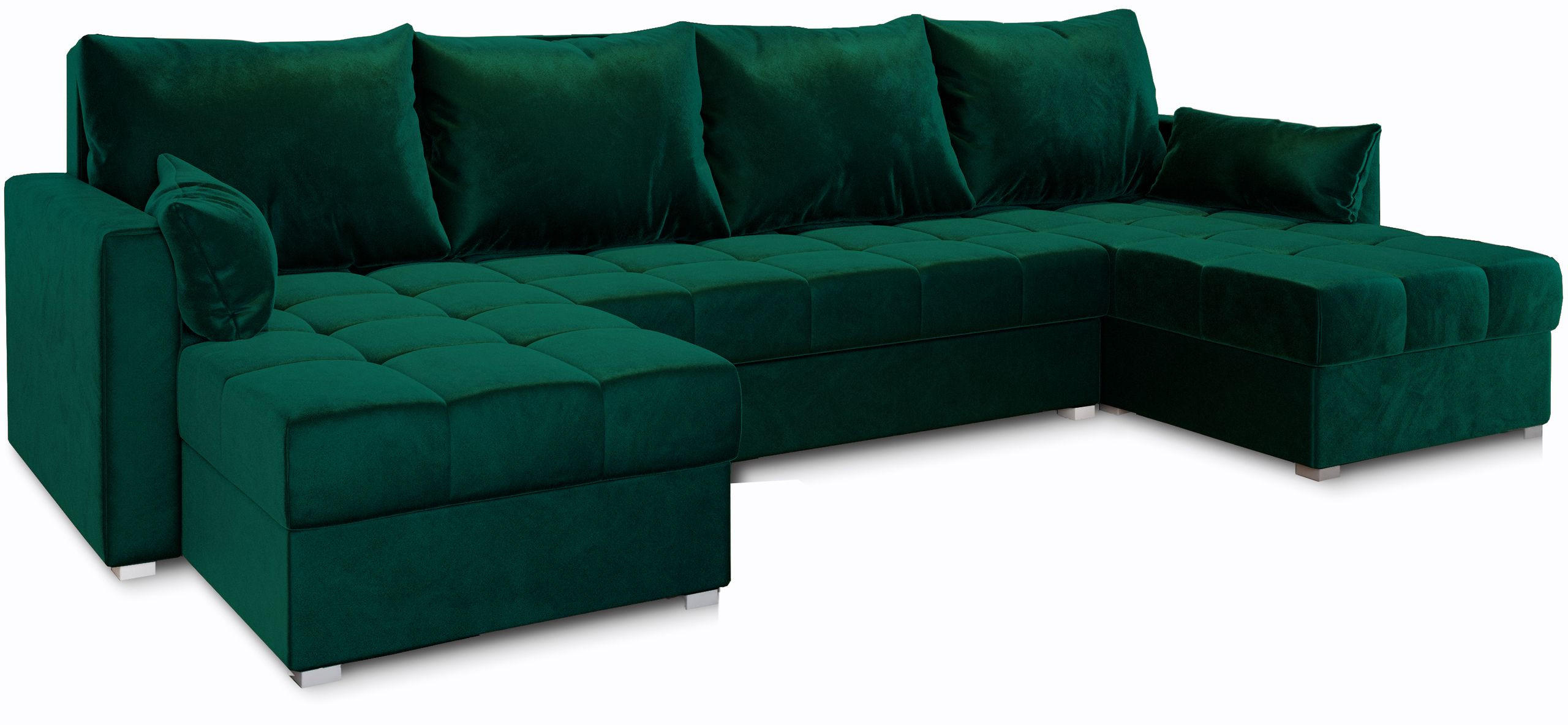 WOHNLANDSCHAFT NAKO Grün Plüsch-Stoff mit Schlaffunktion - Grün, Holz (285/85/140cm) - MASSENO