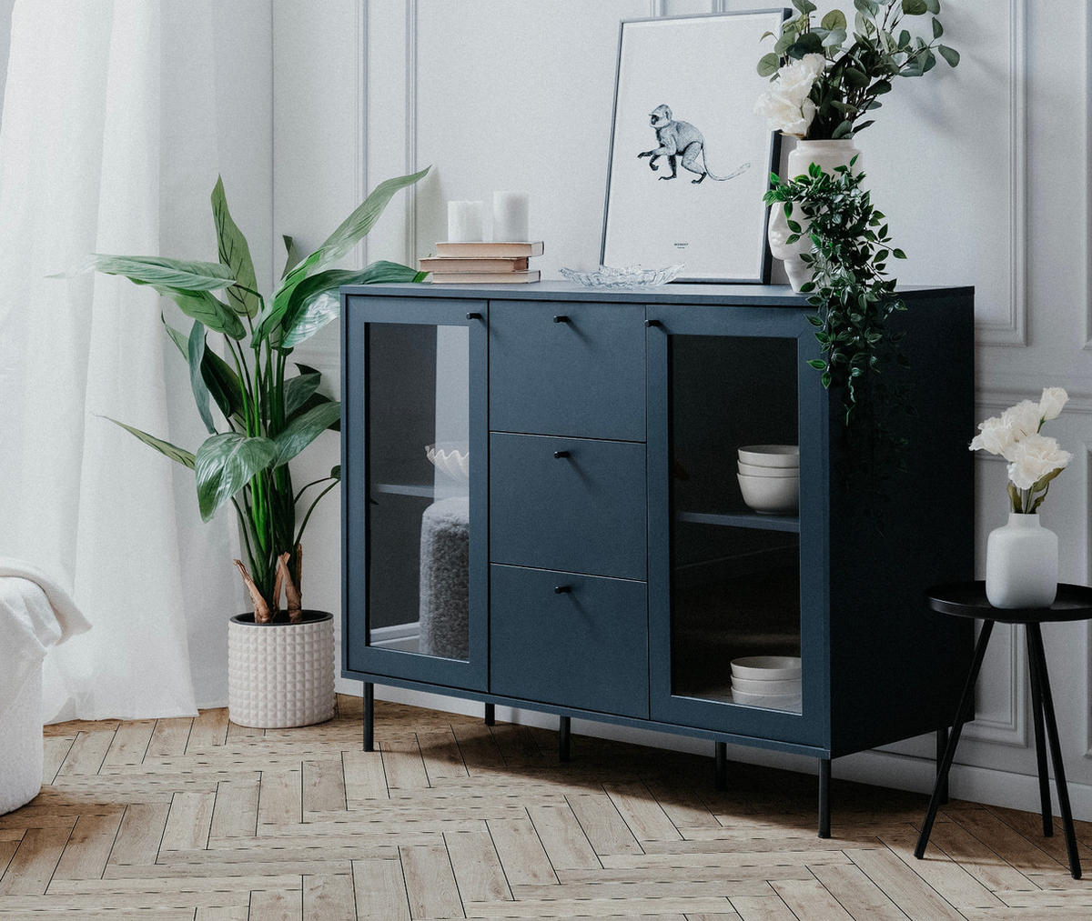 KOMMODE blau 120 cm, Anrichte mit 4 Vitrinenfächern - Blau/Schwarz, Glas/Holzwerkstoff (120/90/40cm) - Furn.Design
