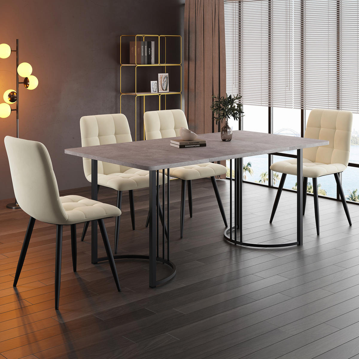 ESSGRUPPE 5-teilig mit Marmor-Look-Tisch 140×80 und vier beigen Samtstühlen, grau-beige - Beige, Holzwerkstoff (80/75/140cm) - Luhomfu