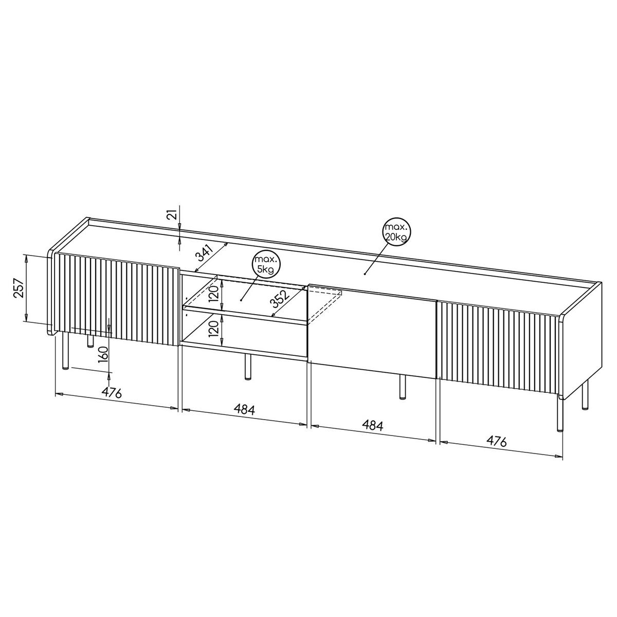 RTV-SCHRANK Prestigo Schwarz, Warmia Walnuss, Dreitüriger TV-Tisch - Walnussfarben/Schwarz, Holzwerkstoff (200/47/40cm) - Bettso