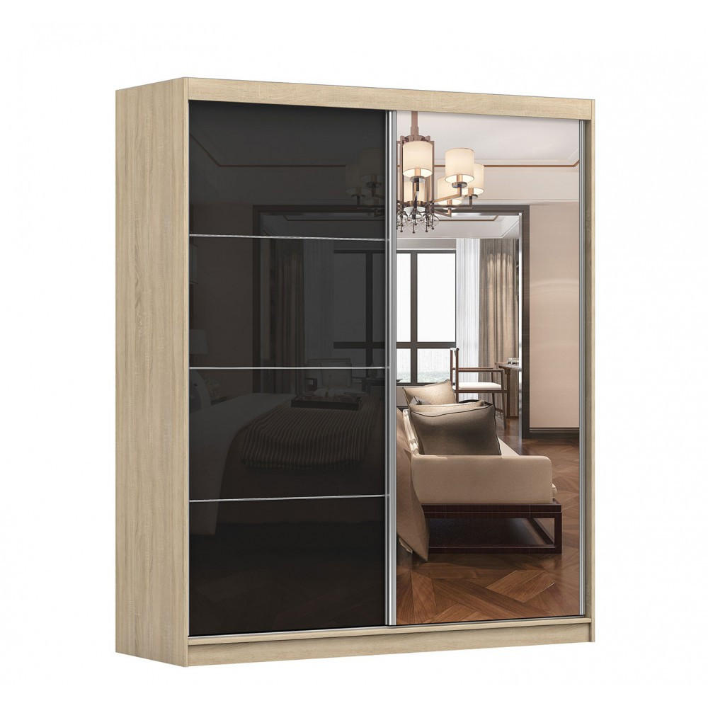 SCHWEBETÜRENSCHRANK Multi 31 Sonoma Eiche/Schwarz + Spiegel 183 cm - Schwarz/Alufarben, Glas/Holzwerkstoff (183/218/61cm) - imoebel24