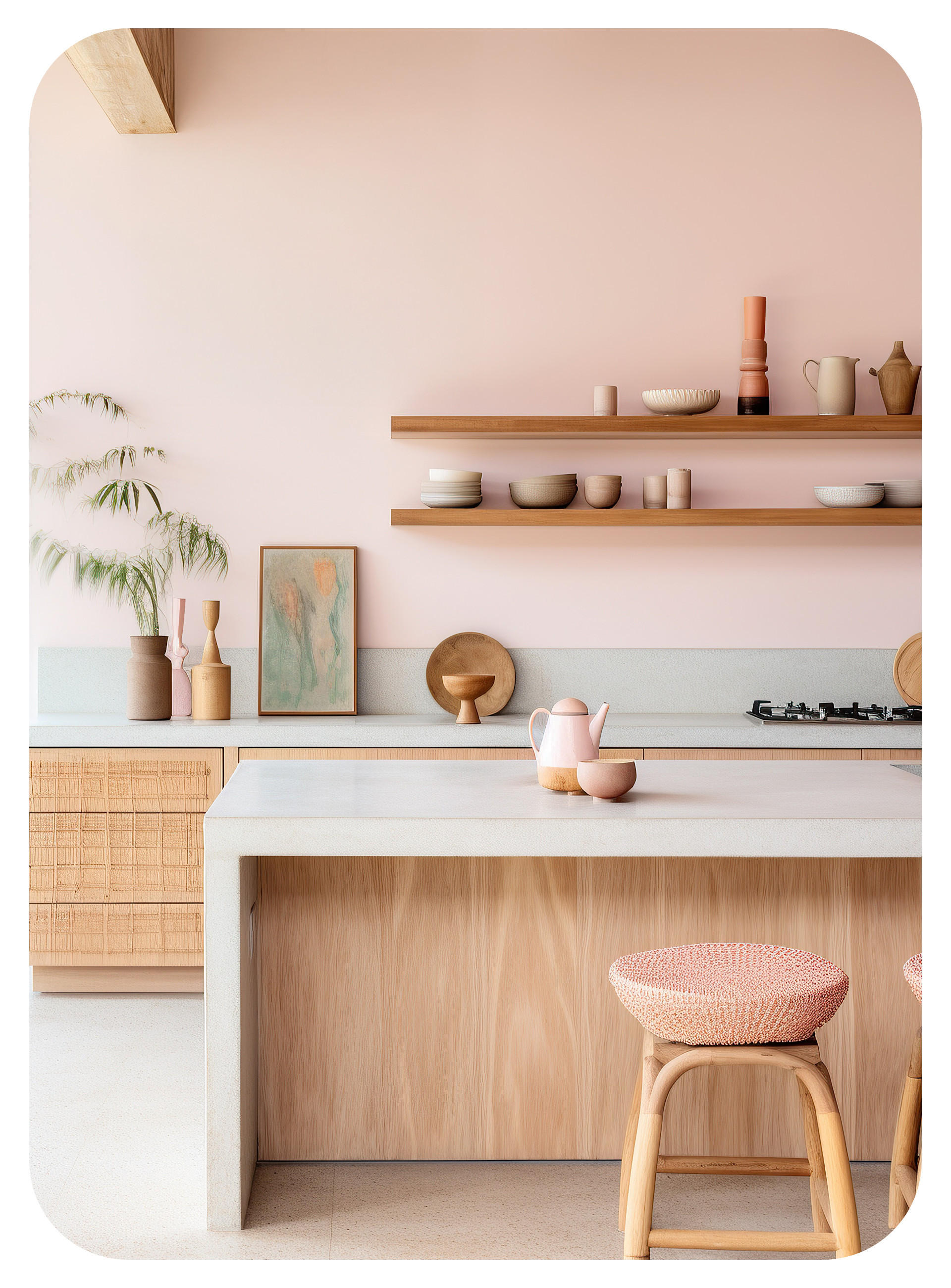  Küche in warmen Holz- und Pastelltönen: rosafarbene Wand mit zwei schwebenden Regalen und Keramik, davor eine helle Kücheninsel mit rosa Teekanne und Schale