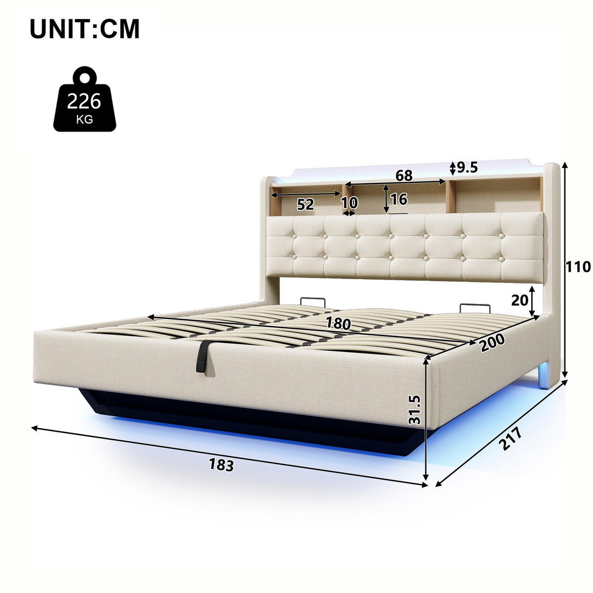 POLSTERBETT 180/200 cm in Beige mit LED, USB, Type-C und Stauraum aus Leinen und MDF - Beige, Holzwerkstoff/Textil (180/200cm) - STILVORA