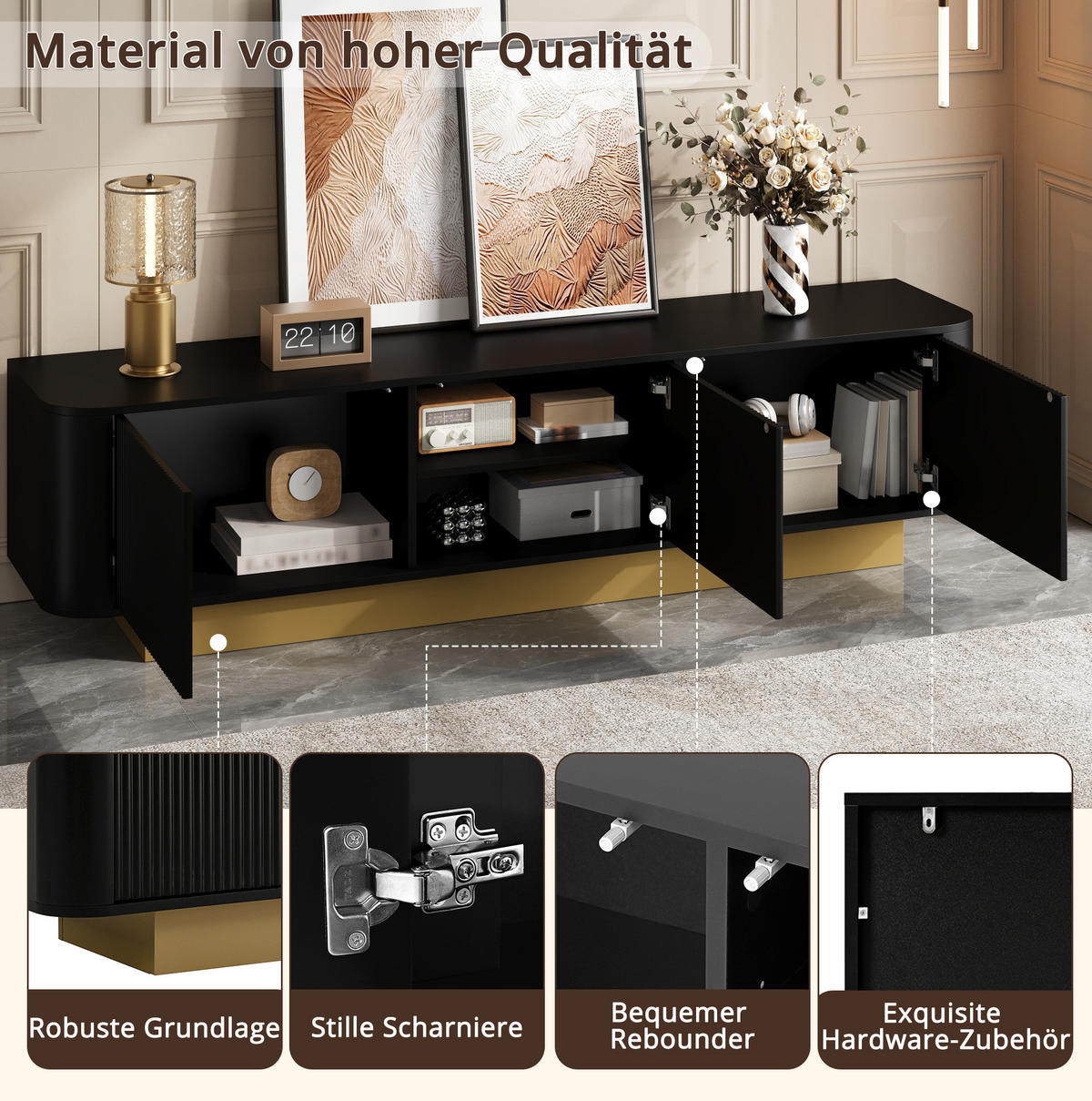 TV-LOWBOARD aus MDF und Spanplatte 170x40,5x47 cm Schwarz mit 3 Türen und Kabelmanagement - Schwarz, Holzwerkstoff (170/47/40.5cm) - IVMEU