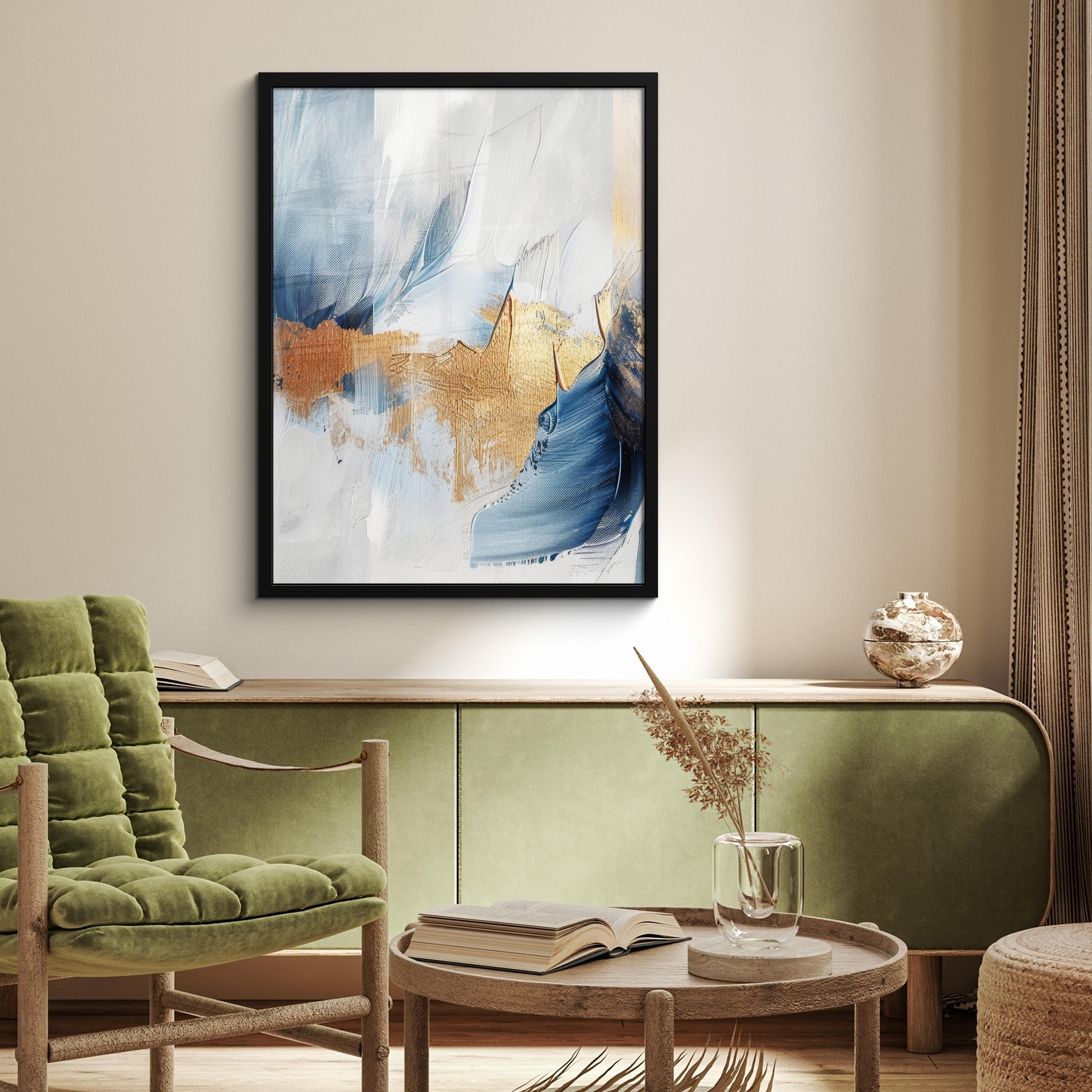 GERAHMTES BILD Gold - Blau - Aquarell - Kunst - Modern 60x80 cm - Hellblau, Papier (60/80cm) - MuchoWow